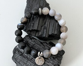 Grey Agate & Black Matte Agate Bracelet – Grounding, Emotional Balance, Handmade Minimalist Crystal Bracelet for Men