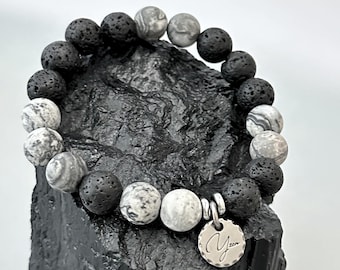 Lava Stone & Picasso Jasper Bracelet for Grounding, Calm and Emotional Balance - Handmde Men’s Natural Stone Healing Bracelet