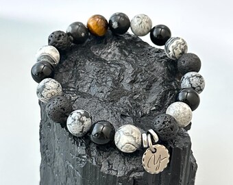 Picasso Jasper, Obsidian & Tiger’s Eye Bracelet - Grounding Strength, Clarity and Emotional Balance,  Handmade Men’s Crystal Bracelet