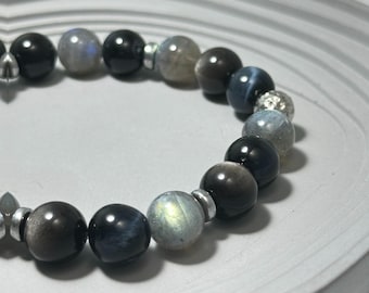 Silver Sheen Obsidian, Blue Tiger’s Eye & Labradorite Bracelet - Handmade Crystal Jewellery for Calming Energy, Balance and Intuition
