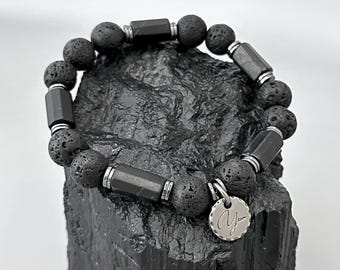 Russian Shungite & Lava Stone Bracelet for EMF Protection, Grounding and Energy Shielding - Handmade Men’s Hematite Healing Bracelet
