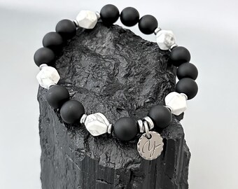 Onyx & White Turquoise Bracelet for Grounding, Calm and Clarity - Handmade Men’s Matte Black Minimalist Crystal Bracelet