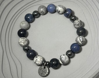 Sodalite Picasso Jasper Hematite Bracelet - Focus & Clarity Crystal Beaded Bracelet for Calm Energy and Mental Balance,  Handmade Jewellery