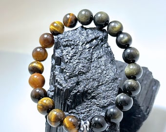 Golden Sheen Obsidian & Tiger’s Eye Bracelet – Protection, Clarity and Confidence, Handmade Minimalist Crystal Bracelet