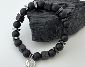 Matte Onyx & Lava Stone Bracelet – Grounding Energy, Hematite Focus Beads, Men’s Protection Bracelet, Handmade Crystal jewellery