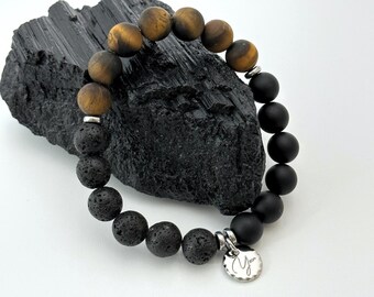 Matte Onyx Tiger’s Eye Lava Stone Bracelet – Handmade Grounding & Strength Crystal Bracelet for Men – Hematite Energy Balance