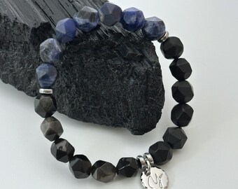 Sodalite Silver Sheen Obsidian Bracelet – Matte Onyx Men’s Grounding & Clarity Crystal Bracelet – Handmade Energy Balancing Jewelry