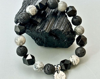 Black Tourmaline & Lava Stone Bracelet - Handmade Protection and Grounding Crystal Jewellery for Men, Picasso Jasper Energy Shield Bracelet