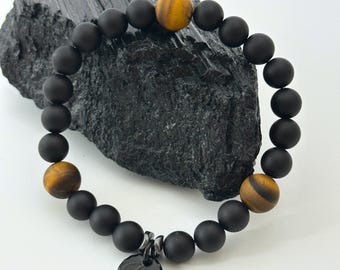 Matte Onyx & Tiger’s Eye Men’s Bracelet, Grounding Strength Crystal Bracelet, Handmade Matte Black Beaded Jewellery