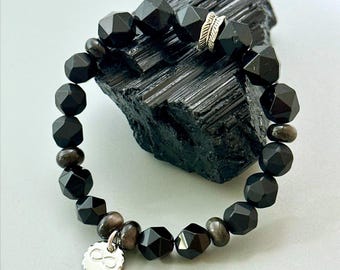 Black Tourmaline & Silver Sheen Obsidian and Onyx Bracelet - Handmade EMF Protection and Grounding Crystal Jewellery for Men Energy Shield