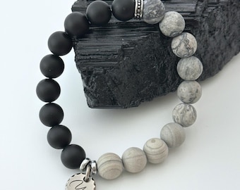 Picasso Jasper & Grey Jasper Bracelet – Matte Onyx Men’s Grounding and Strength Crystal Bracelet – Handmade Natural Stone Jewelry