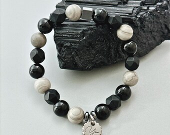 Obsidian & Onyx Bracelet with Grey Jasper - Handmade Grounding and Focus Energy Jewellery for Men, Protection Bracelet