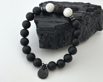 Matte Onyx White Turquoise Lava Stone Bracelet, Grounding & Clarity Men’s Crystal Bracelet, Handmade Minimalist Black and White Jewellery