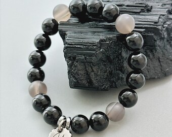Black Tourmaline & Grey Agate Bracelet - Handmade EMF Protection and Grounding Jewelry for Men, Energy Shield Bracelet
