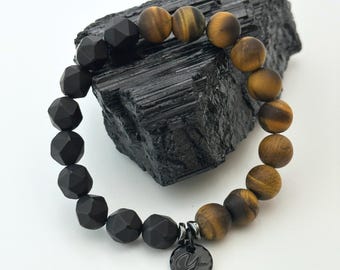Matte Tiger’s Eye & Matte Onyx Bracelet – Grounding Strength Stone, Men’s Energy Bracelet, Protection and Focus, Handmade Crystal Jewelry