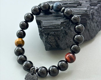 Black Tourmaline & Tiger’s Eye Bracelet - Handmade EMF Protection and Grounding Energy Jewellery for Men, Hematite Shield Bracelet