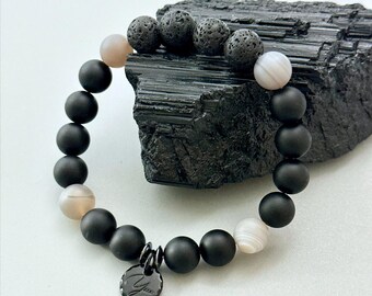 Matte Onyx & Grey Agate Bracelet - Handmade Grounding Crystal Jewellery for Men, Lava Stone Anxiety Relief Bracelet, Minimal Beaded Bracelet