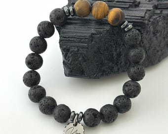 Bracciale in pietra lavica e occhio di tigre opaco - Bracciale energetico di messa a terra fatto a mano per uomo, gioielli in cristallo per forza e concentrazione