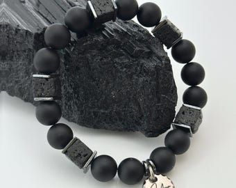 Matte Onyx Lava Stone Hematite Bracelet, Grounding Energy Men’s Bracelet, Handmade Minimalist Black Crystal Jewellery