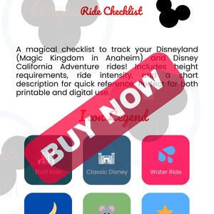 May include: A Disneyland and Disney California Adventure ride checklist with a Mickey Mouse silhouette. The checklist includes ride intensity, height requirements, and a short description for quick reference. Icons indicate ride types.