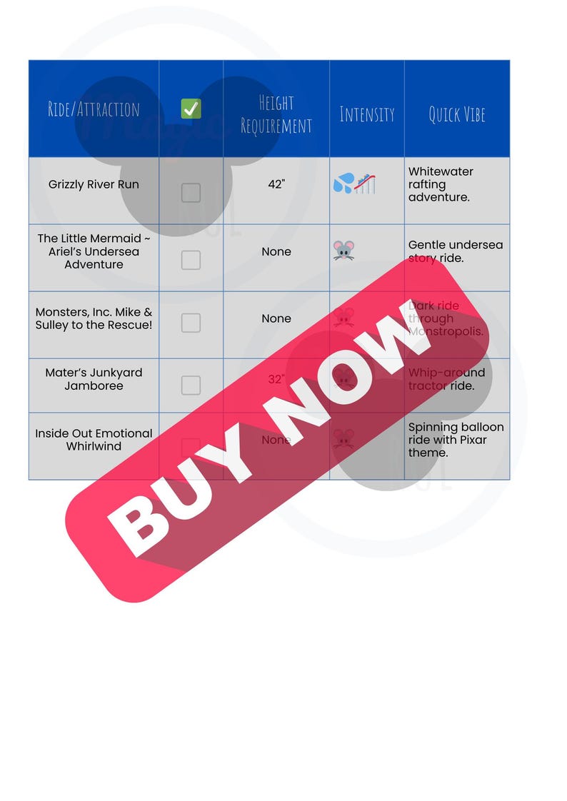 May include: A blue and white chart lists theme park rides with height requirements and ride descriptions. The Grizzly River Run requires a height of 42 inches. A red banner with the words "BUY NOW" is across the bottom.