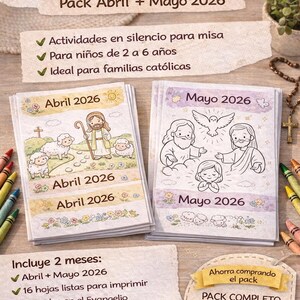 May include: A stack of activity sheets for Catholic children, featuring illustrations of Jesus with sheep and other religious figures. The sheets are labeled "Abril 2026" and "Mayo 2026". The image also includes text in Spanish.