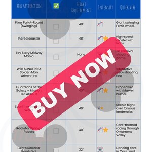 May include: A park map for Disney California Adventure Park, listing rides and attractions with height requirements in inches. Includes a "Buy Now" overlay.