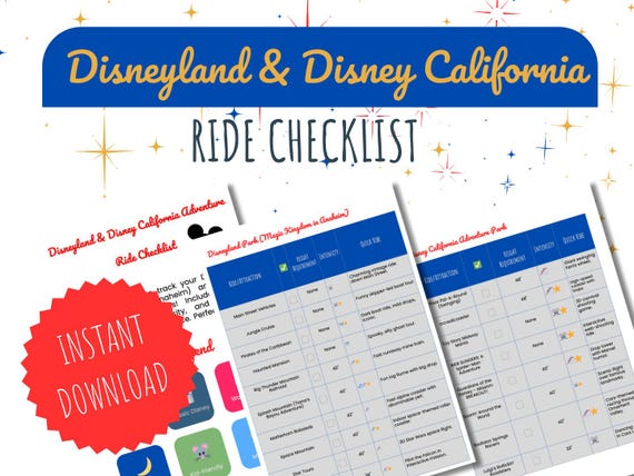 Disneyland & California Adventure Ride Checklist | Printable Disney Trip Planner | Vacation PDF Ride Guide