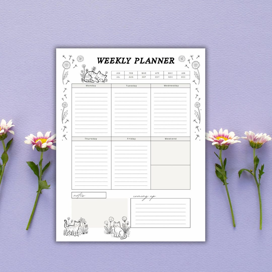 Printable Weekly Planner – Cute Cat & Dandelion Theme - Etsy