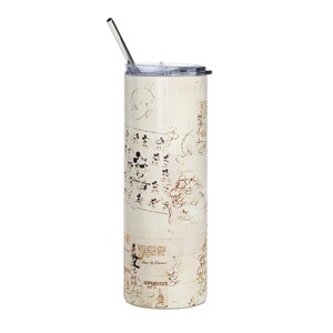 May include: A tall, cylindrical stainless steel tumbler with a clear plastic lid and a metal straw. The exterior features a cream-colored background with brown sketches of Mickey Mouse in various poses, along with the text Mickey Mouse and Apprentice RX-1.