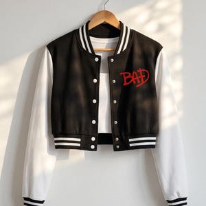 King of Pop BAD Cropped Varsity Jacket Women Letterman Bomber Jacket 80s Pop Music Fan Gift Streetwear Concert Outfit