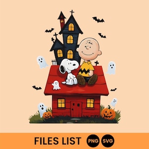 May include: A Halloween-themed illustration featuring Charlie Brown and Snoopy sitting on a red house with a haunted house in the background. Ghosts, bats, and jack-o'-lanterns complete the spooky scene. The image includes the text "FILES LIST" and the file type icons "PNG" and "SVG".