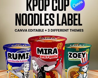 Kpop Demon Hunters, Cup Noodle Etiketter Ramyeon, Cosplay Party Huntrix Ramen, Rumi, Mira, Zoey, Kpop party, Utskrivbart paket, Halloweenparty,