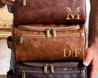 Personalized Engraved Leather Toiletry Bag,Men's Travel Dopp Kit,Groomsmen Gifts,Anniversary Gift for Him