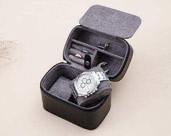男性用パーソナライズウォッチボックス、レザートラベルウォッチケース、トラベルウォッチボックス、トラベルジュエリーケース、刻印入りウォッチボックス、彼へのギフト