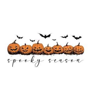 May include: A Halloween-themed illustration featuring seven carved orange pumpkins with smiling faces and black bats flying above. The words "spooky season" are written in a cursive font below the pumpkins.