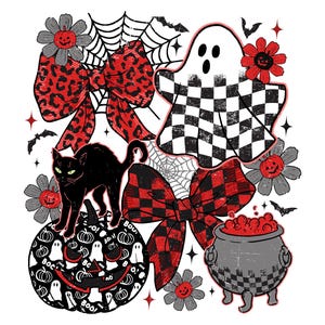 Pode incluir: Ilustração com tema de Halloween com um gato preto, um fantasma xadrez e uma abóbora sorridente. Laços vermelhos e pretos, flores, morcegos e um caldeirão completam o design. A abóbora tem a palavra "Boo!" impressa.