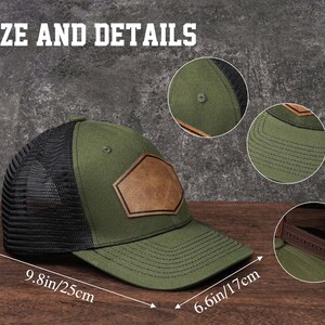 May include: An olive green trucker hat with a black mesh back and a brown leather patch. The hat measures 4.7 inches/12cm in height, 9.8 inches/25cm in width, and 6.6 inches/17cm in depth. The text "SIZE AND DETAILS" is at the top.