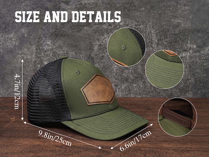 May include: An olive green trucker hat with a black mesh back and a brown leather patch. The hat measures 4.7 inches/12cm in height, 9.8 inches/25cm in width, and 6.6 inches/17cm in depth. The text "SIZE AND DETAILS" is at the top.