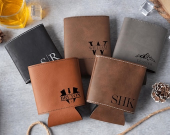 Refroidisseur de canettes en cuir personnalisé, porte-bière gravé personnalisé, cadeau de garçon d'honneur pour lui