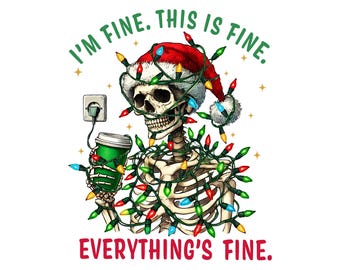 私は大丈夫です、これは大丈夫です、すべてがPng、クリスマススケルトンPng、サンタ帽子Png、クリスマスライトPng、お祭りテーマ、ユーモラスなスタイル。