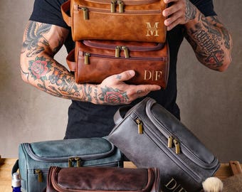 Personalized Engraved Leather Toiletry Bag,Men's Travel Dopp Kit,Groomsmen Gifts,Anniversary Gift for Him