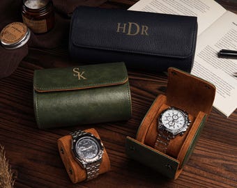 Personalized Leather Watch Box,Leather Watch Case, Watch Roll for 3 Watches,Watch Travel Case,Wedding Groomsmen Gifts,Gift For Him