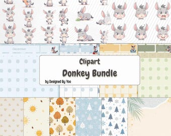 Cute Donkey Clipart bundle. Digital bundle, 50 clipart images, calendar, planner, digital 12x12 paper. Instant download (PDF/PNG)
