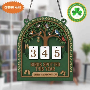 May include: A green wooden birding log sign with a tree design and various bird illustrations. The sign displays the text "BIRDS SPOTTED THIS YEAR" and a counter showing "345". Includes the text "JAMES'S BIRDING LOG".