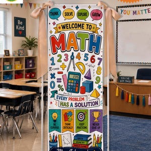 May include: A vertical banner for a math classroom featuring colorful graphics of numbers, a calculator, geometric shapes, and motivational text including Welcome to Math, Every Problem Has a Solution, and Mrs. Johnson's Math Room.