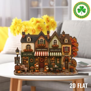 Könnte beinhalten: Eine flache 2D-Miniaturdarstellung mit drei detaillierten Geschäften: Cozy Books, Pumpkin Harvest und Maple & Spice Café. Die Szene umfasst herbstliches Laub, Kürbisse, Straßenlaternen und Ladenmarkisen in warmen, saisonalen Farben.