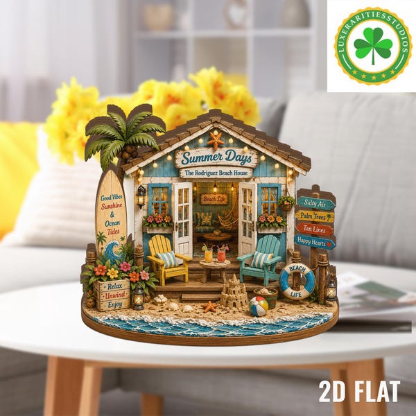 Decoratie met houten blokken voor een strandhuis in de zomer, een persoonlijk familieherinnering, een bord met het thema kustleven.