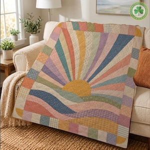 Manta Boho Sunrise, Manta Patchwork Retrô com Sol, Roupa de Cama Cottagecore, Presente de Decoração Boho Pastel para Casa