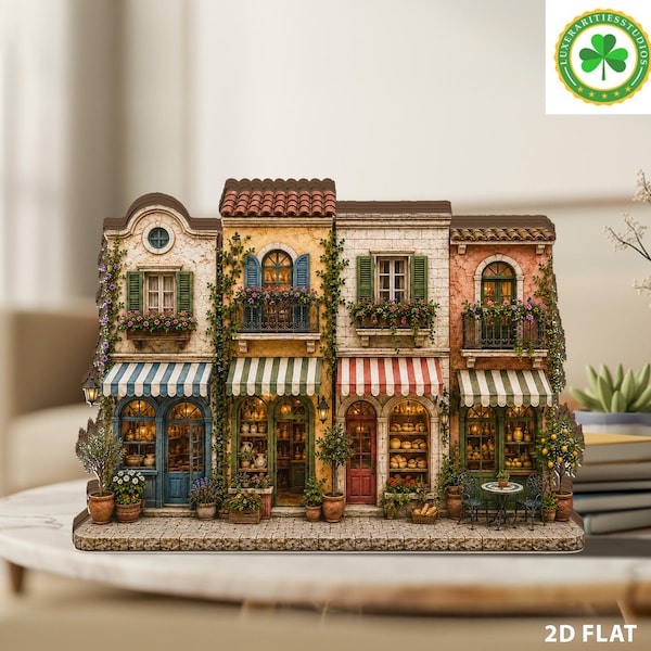 Miniatuurscène van een Europees dorp, houten blok, rustieke winkeldecoratie, mediterrane stadspresentatie